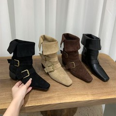 粗跟复古绒面西部牛仔靴短靴女靴子2025新款春秋季单靴方头马丁靴