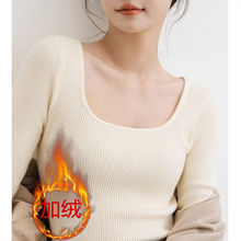 方领毛衣女加绒秋冬新款长袖修身内搭套头打底纯色针织衫上衣