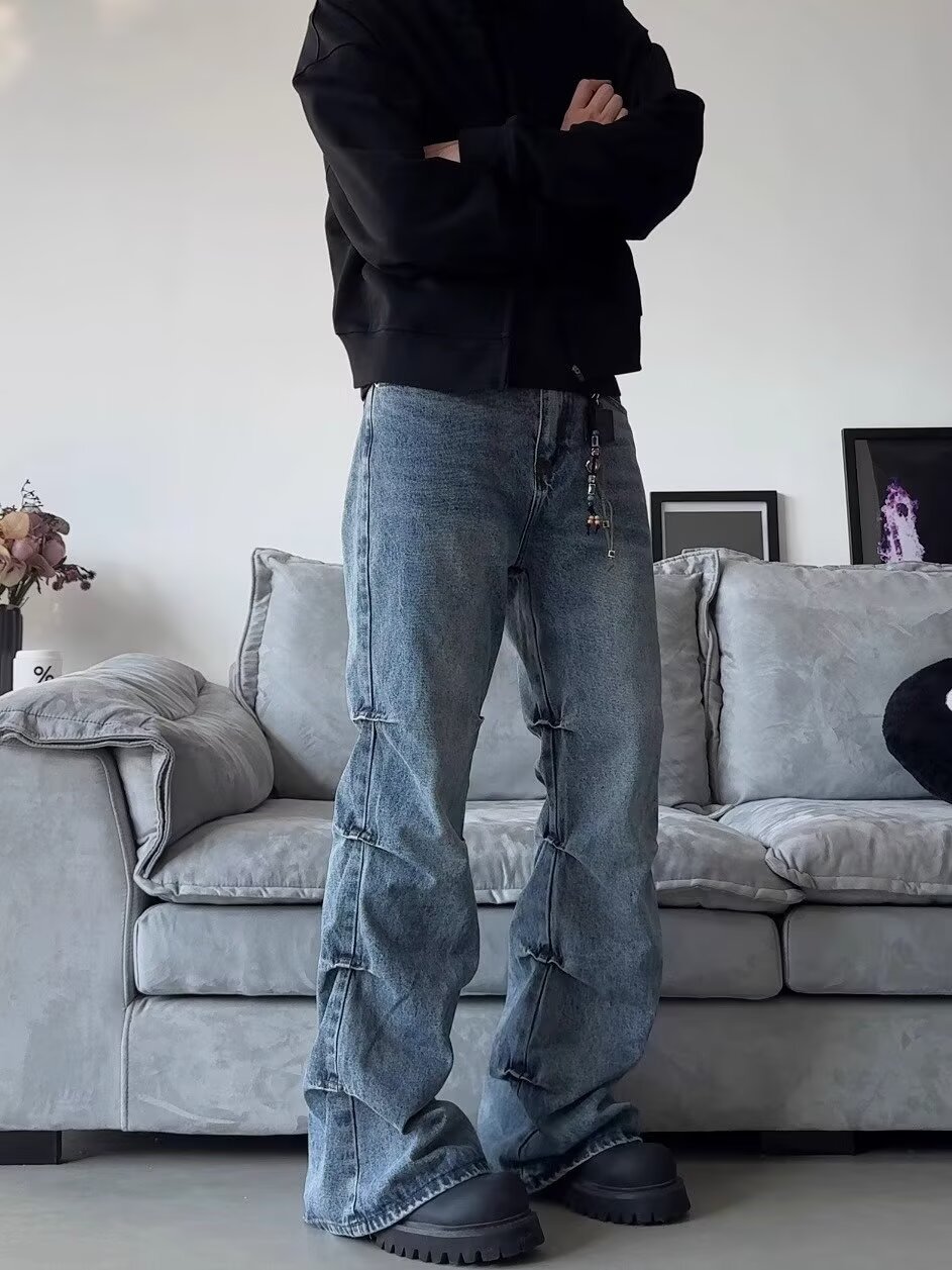 Men's Clothing high street side pleated design flared jeans loose distressed cleanfit wide leg trousers trend_voghion.com