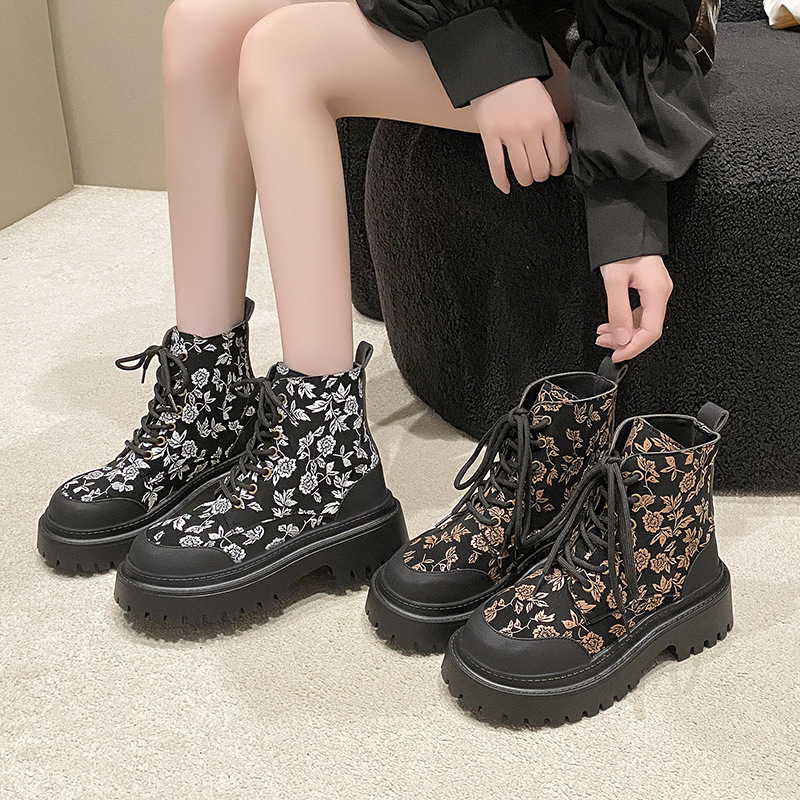 2024 new round head thick high heel thick bottom national style embroidered martin boots slim spring and autumn casual short boots wholesale