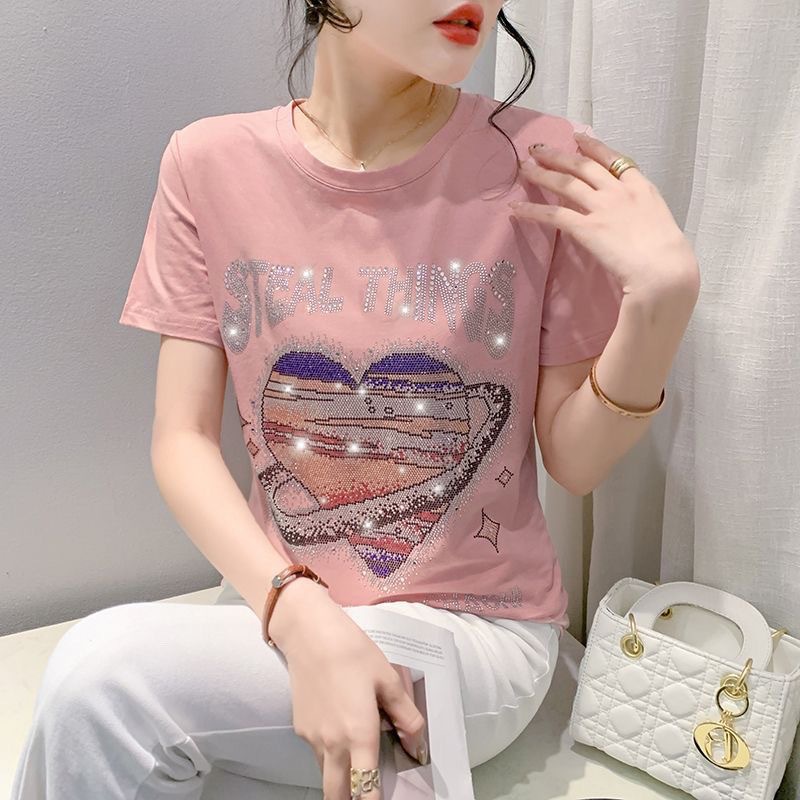 欧货重工爱心烫钻纯棉短袖t恤女夏新款宽松显瘦洋气上衣半袖小衫