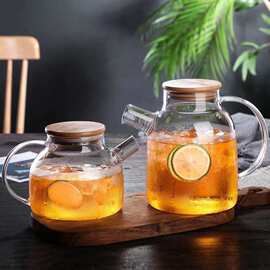 家用竹木盖子泡茶果汁凉水壶大容量高硼硅玻璃冷水壶带过滤四季壶