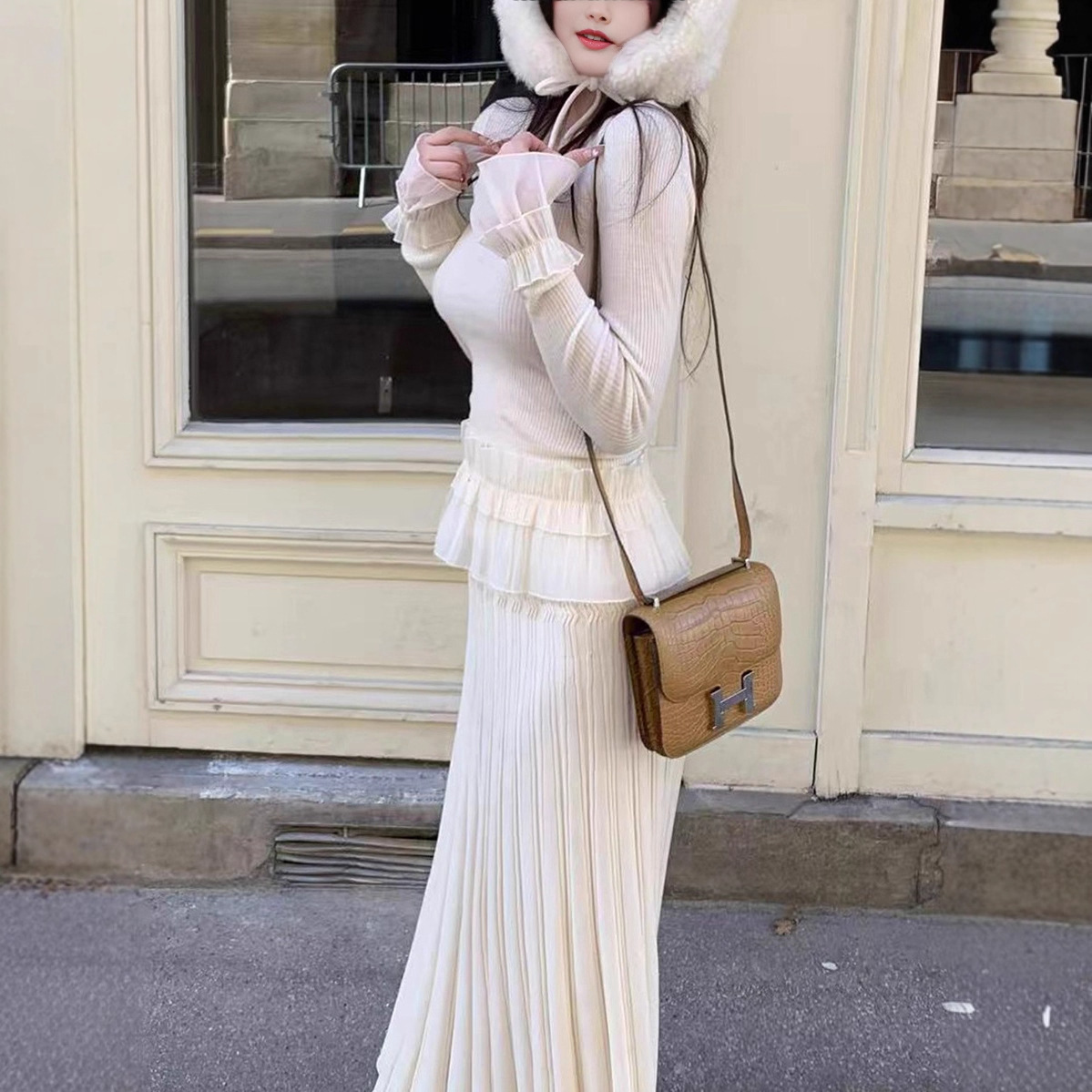 冬日内搭组 荷叶边花瓣袖羊毛上衣针织衫秋冬长款半身裙秋季套装