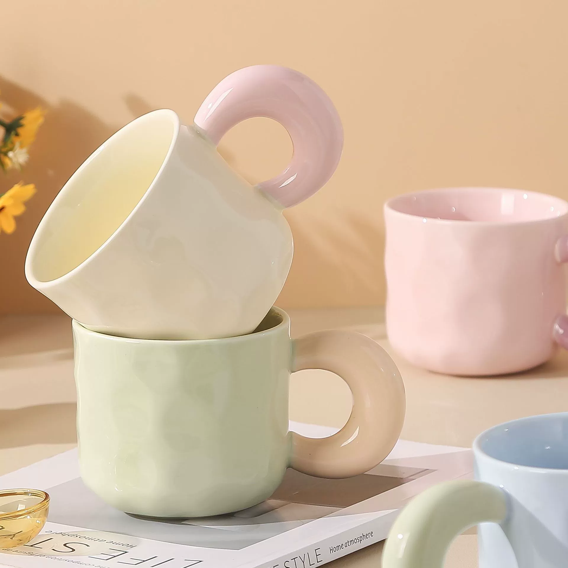 Contrasting Ring-Handle Ceramic Mug, 301–400 ml, Textured Pastel Colors