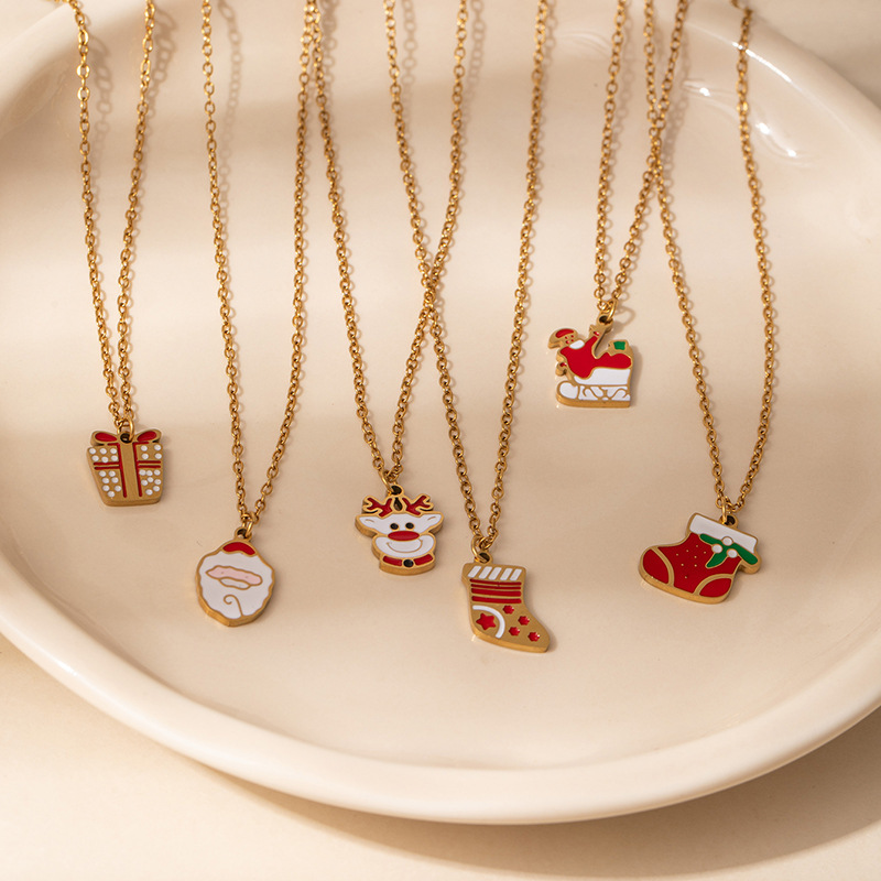 6g Weight 0.03µm Gold Plating Thickness Electroplated Gold Plating Process Golden Plated Plating Material 201 Stainless Steel Pendant Material Pendant Necklace Classification 201 Stainless Steel Chain Material cable chain Chain Type 1 Piece Quantity Holiday, Daily Occasion 201 Stainless Steel Material Santa Claus, Christmas Socks Pattern Women's Gender Cute Style Plating Craft Fashionable Stainless Steel Christmas Cartoon Deer Necklace Creative Design Lockbone Chain Luxury Style Titanium Jewelry For Women 2