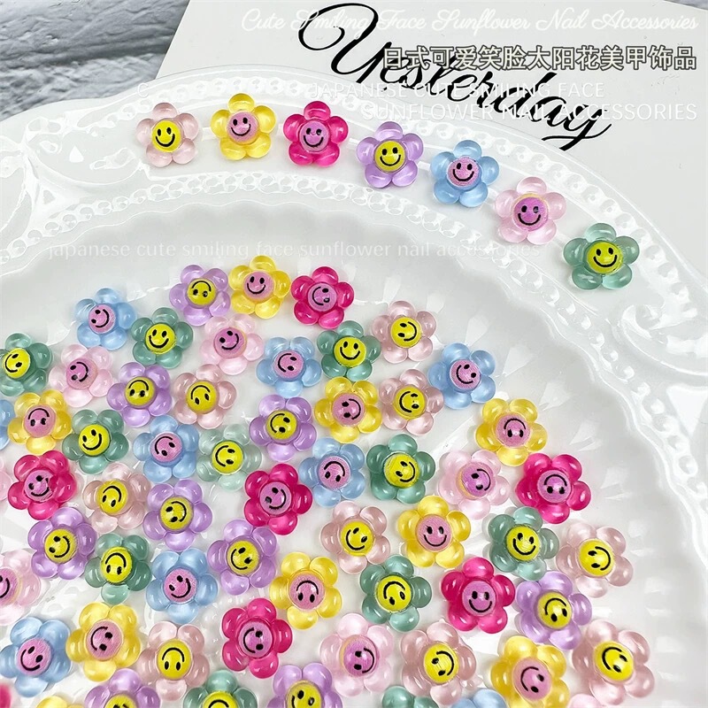 New Cute Smiling Face Expression Pack Nail Decoration Luminous Sunflower Cartoon Nail Art Jewelry Pamine Flower DIY