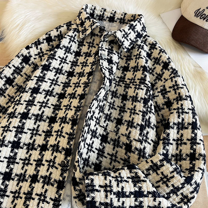 Houndstooth Jacket for Men, Trendy Black and White Plaid Tweed Shirt, Couple's Turn-Down Collar Jacket with Three-Dimensional Patch Pockets, Loose Fit