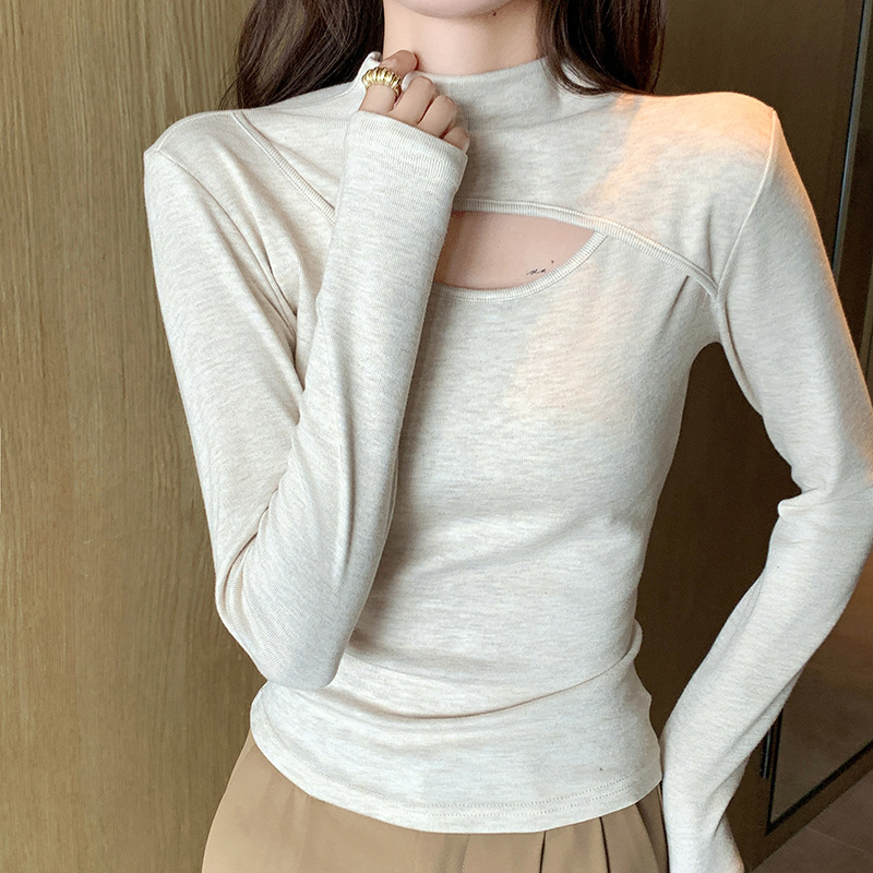 H563拼接挖洞秋冬新款小心机打底衫女半高领镂空辣妹设计感长袖女