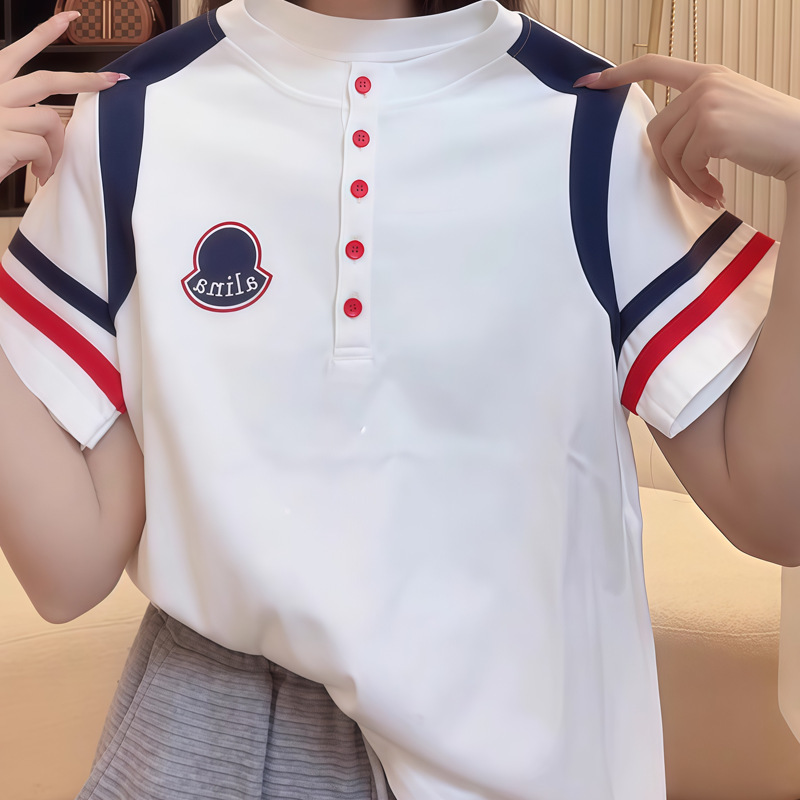 ピュアコットンハーフオープンカラーコントラストストライプ半袖Tシャツ女性用2025夏新作ルーズ韓国スタイルニッチカジュアルトップ|undefined