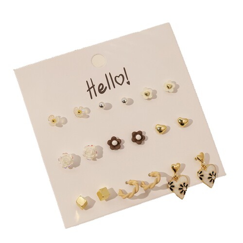 Simple and small silver needle earring set, heart geometric earring combination, cute and sweet, versatile earring accessories for booth wholesale