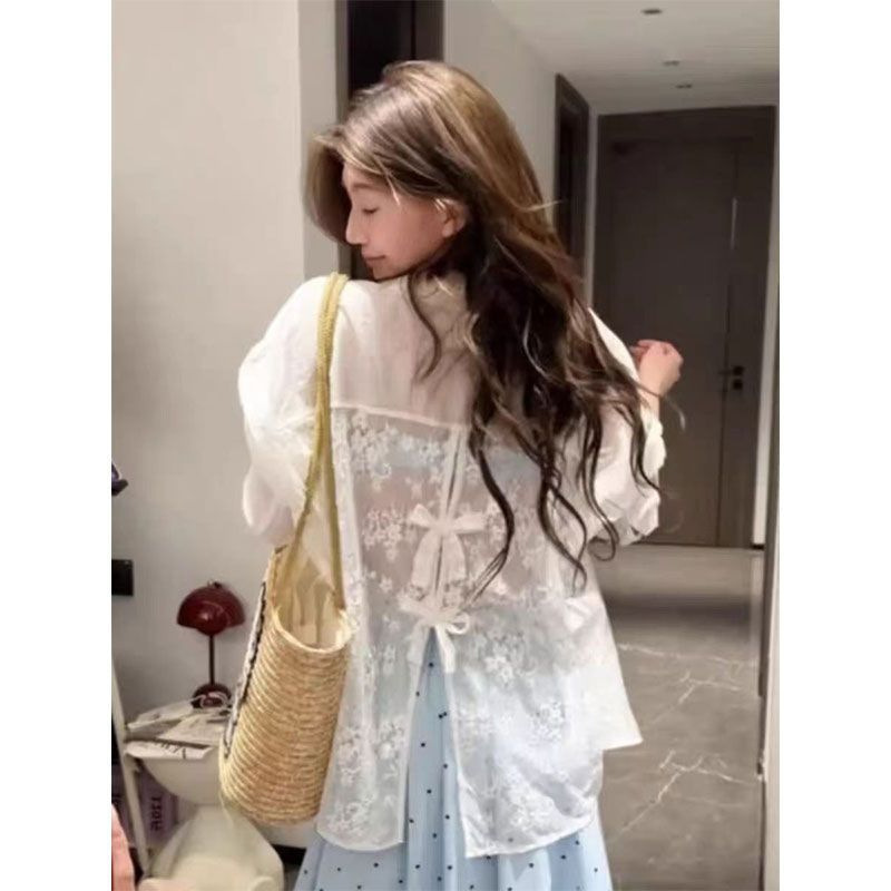 French Bow Back Lace Hollow White Shirt Women's Summer Thin Ice Silk Sunscreen Shirt High-End Top