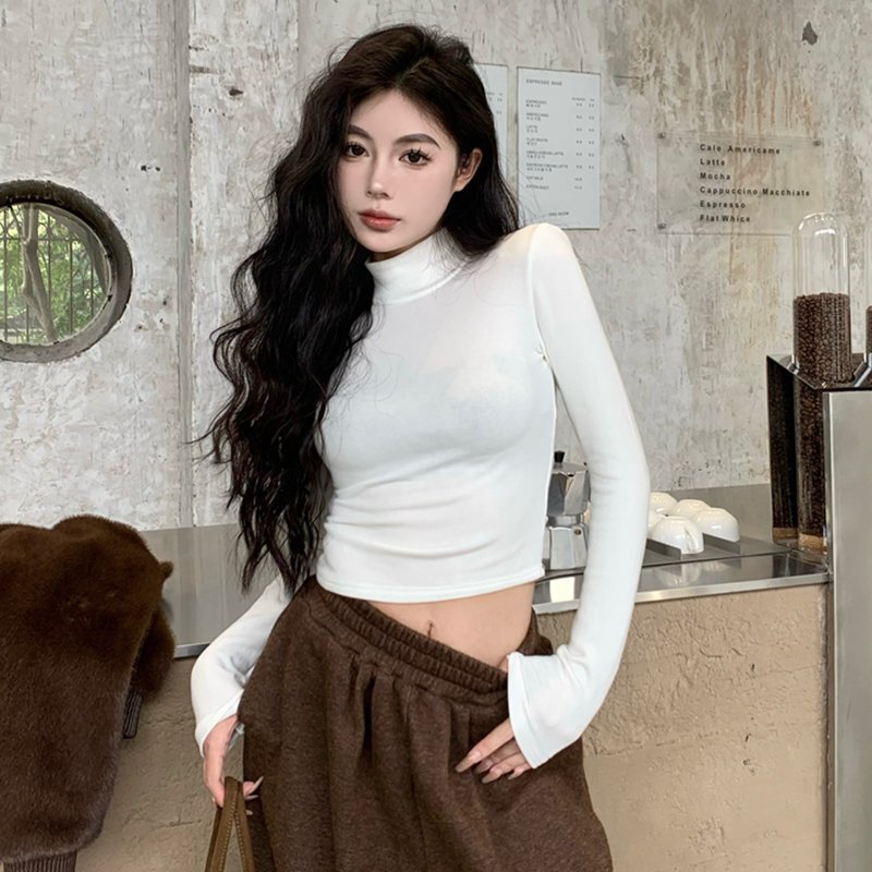 Trendy Half-High Collar Backless Tie Long-Sleeve Short T-Shirt with Unique Design for Women Trendy Half-High Collar Backless Tie Long-Sleeve Short T-Shirt with Unique Design for Women