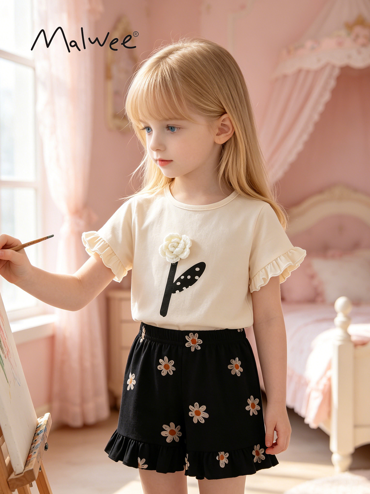 Traje de niña malwee transfronterizo verano nuevo estilo europeo y americano camiseta de cuello redondo para niños pequeños y medianos traje de dos piezas de cintura elástica de manga corta