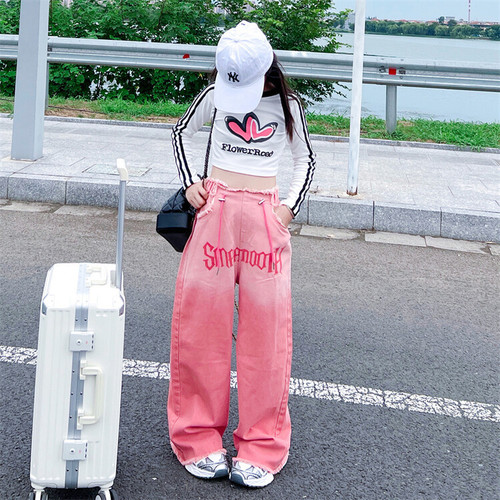 Little Girl Spring Outfit Blue Jeans Gradient Korean Style Children's Girl Straight Leg Wide Leg Pants for Big Kids Spring and Autumn Colored Pants