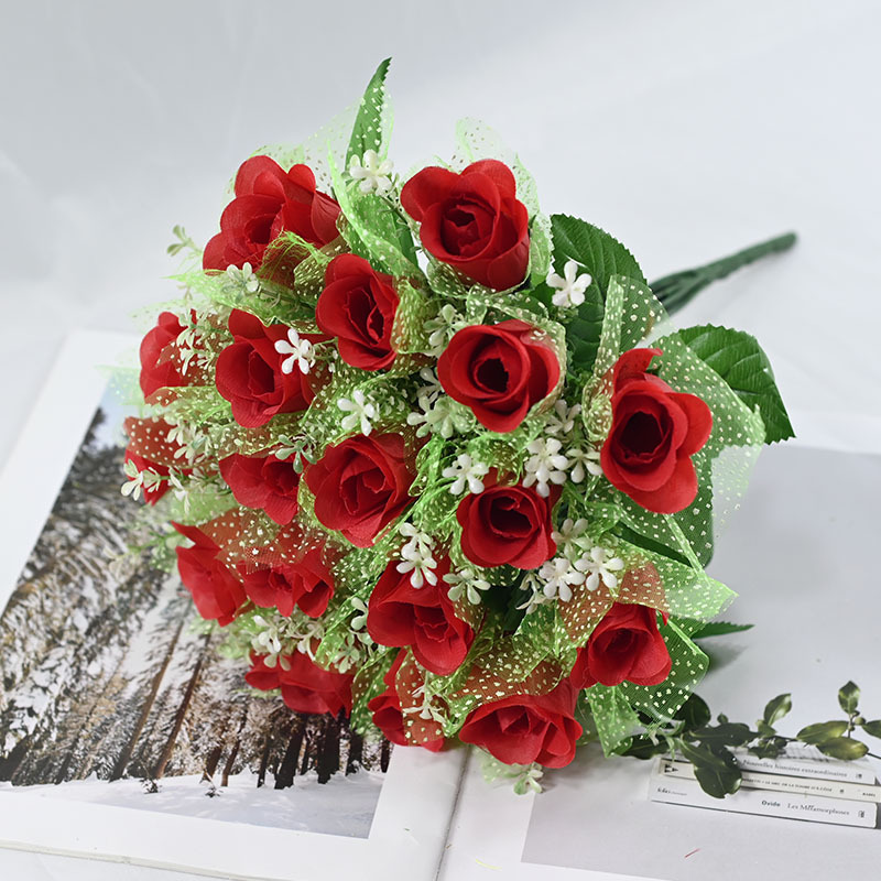 Fuente de fábrica de pantalla de fotos flores de simulación transfronteriza rosa 18 cabezas con hilo de cabeza plana decoración de bodas de hotel ramo de flores falsas