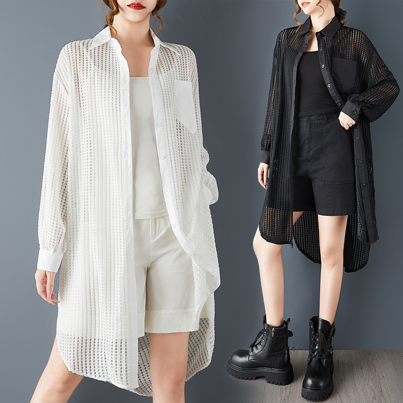 Real Shot of Spring & Fall New Loose Pure Color Simple Fashion Lace Mesh Shirt with Slim and Versatile Dress