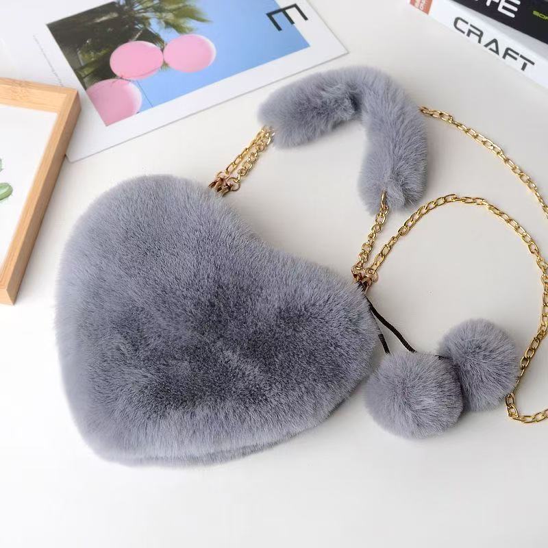 Imitation Rex Rabbit Stuffed Heart-Shaped Ladies Handbag Stuffed Love Chain Messenger Bag Large Capacity Shoulder Bag Coin Purse Imitation Rex Rabbit Stuffed Heart-Shaped Ladies Handbag Stuffed Love Chain Messenger Bag Large Capacity Shoulder Bag Coin Purse