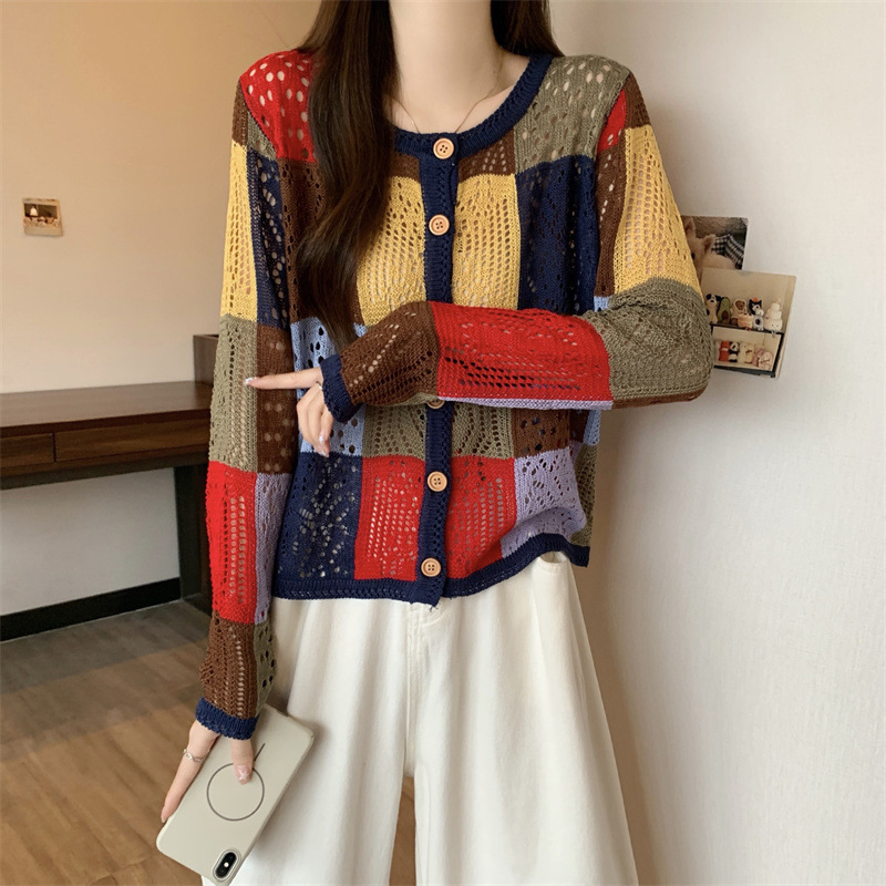 实拍年早秋新款时尚圆领镂空长袖针织开衫女宽松显瘦上衣潮|undefined