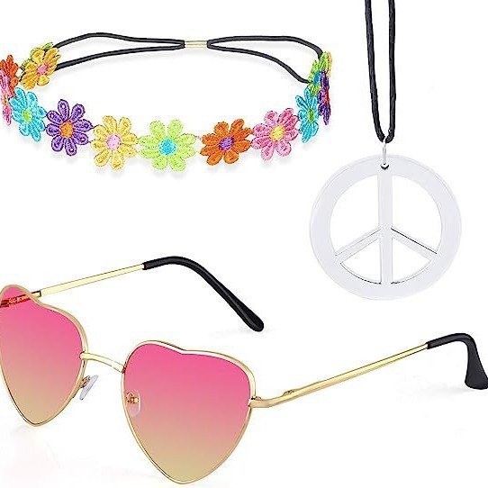 Accesorios de vestir hippies de la década de 1960, diadema de girasol, gafas redondas, conjunto de aretes de collar de talismán de paz