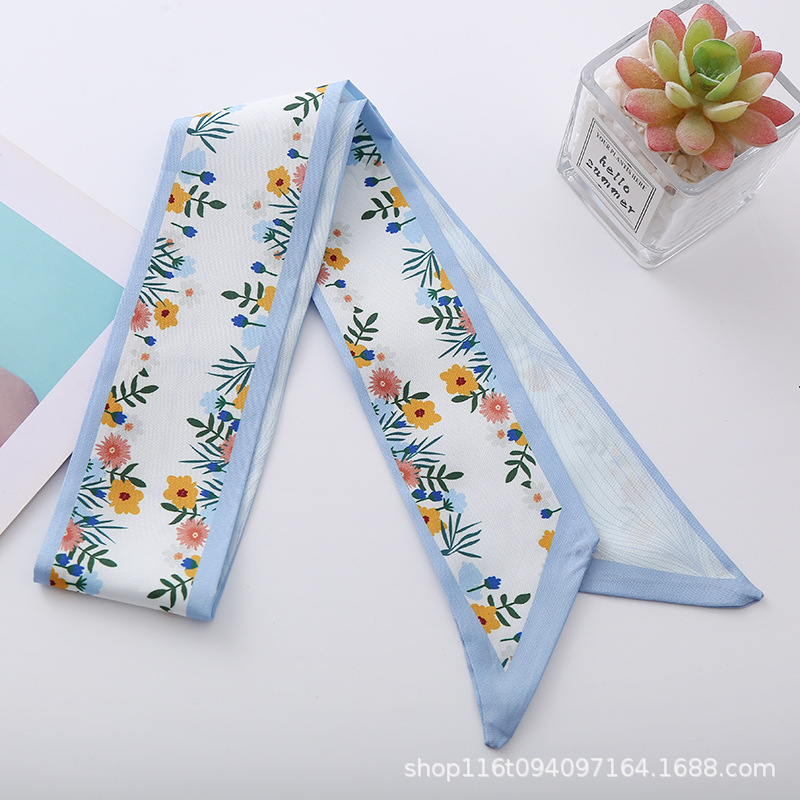 Cinta de primavera impresión larga estrecha ángulo pequeña bufanda de seda elegante estilo coreano banda de pelo bolsa de accesorios para el cabello entrega de una sola pieza