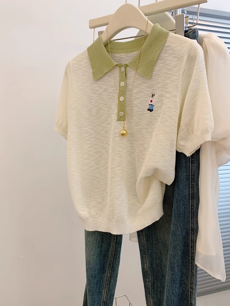 6661#撞色薄款冰丝短袖正肩t恤女宽松显瘦上衣polo娃娃领针织衫