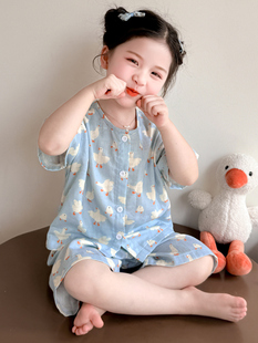 2025 New Girls Pajamas Summer Cotton Thin Gauze Children's Home Clothes Girls Baby Summer Cardigan Set