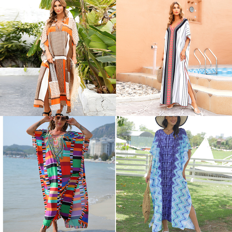 Blusa de playa europea y americana de cuatro lados stretch poliéster rayado impreso robe estilo sexy más tamaño bikini protección solar camisa 5D31