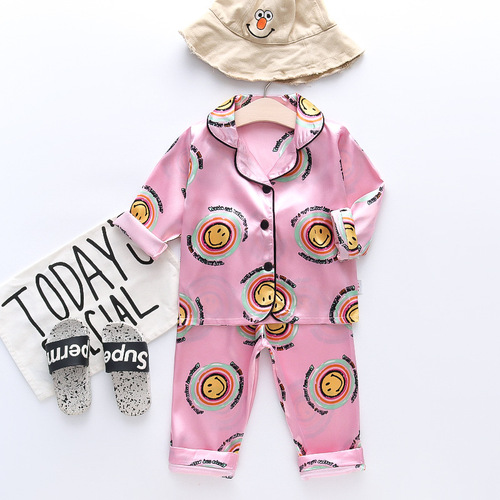 CA37 Long-sleeved Long Pants Children's Homecoming Set 0-4 Years Old Girls Air Conditioning Clothes Children's Single Button Silk Smooth Set