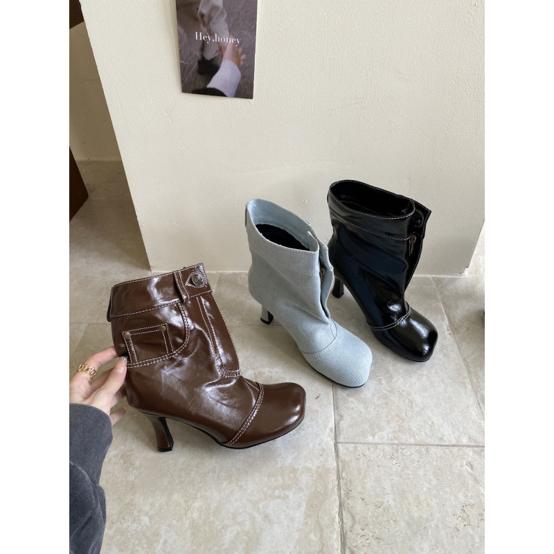 European and American Style Mango Toe Round Toe Metal Buckle High Heel Short Boots