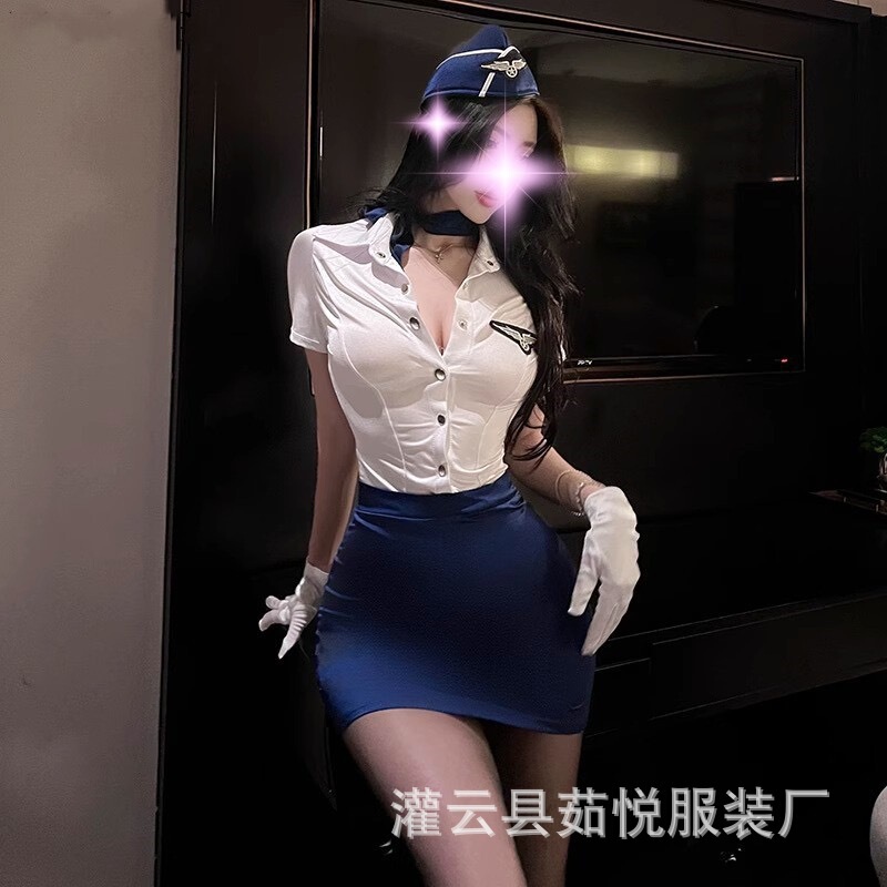 Ruyue Sexy Lingerie Stewardess Uniform Passion Set Hot See-Through Outfit Midnight Charm Hip-Hugging Short Skirt for Women