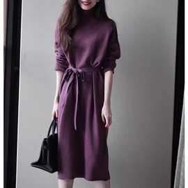 2024法式长袖高领针织打底连衣裙系带修身气质过膝长裙女毛衣