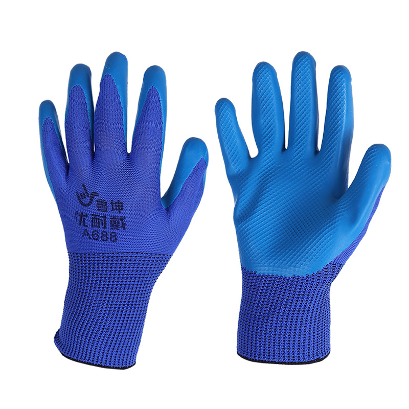 厂家货源鲁坤压纹手套透气劳保防护胶皮工作胶手套