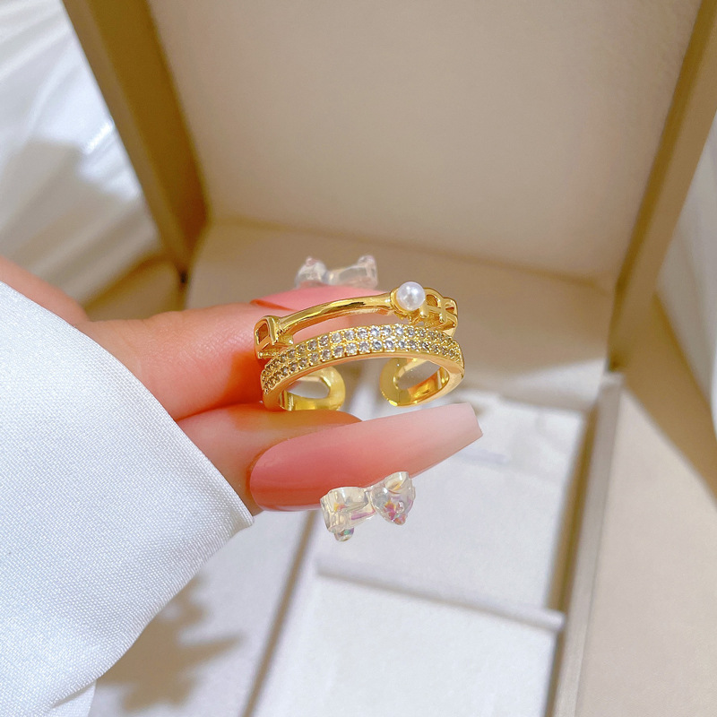 Doppelter Perlen- und Diamantring, verstellbar, schlichter japanischer Schmuckring, Partnerring_voghion.com