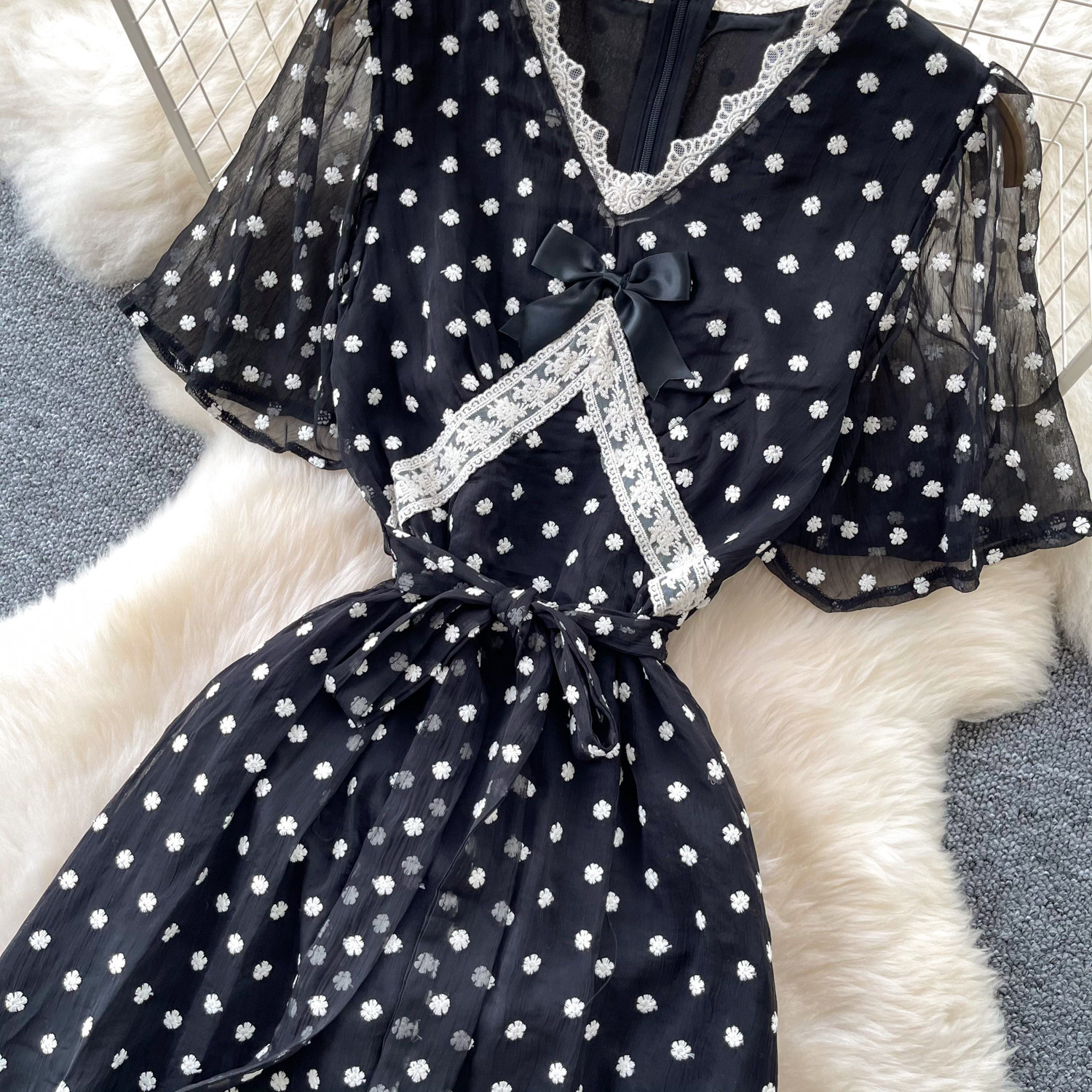 Black Polka Dot Mesh Dress For Women V Neck Short Sleeve High Waist Slimming A Line Long Skirt Ladylike Summer Style_ecoleips.com