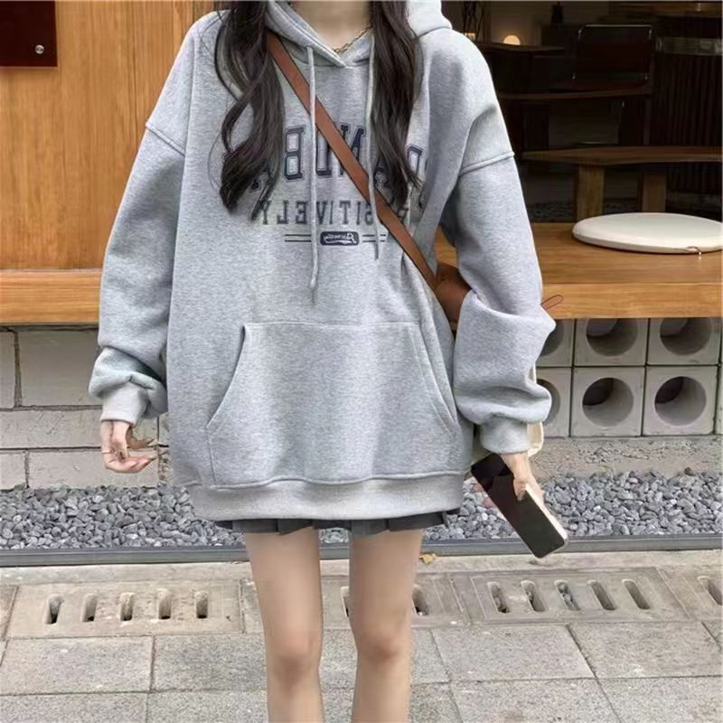 Fleece-lined thick gray sweater women's autumn and winter extra large size chubby girl loose slimming belly covering pregnant women's top