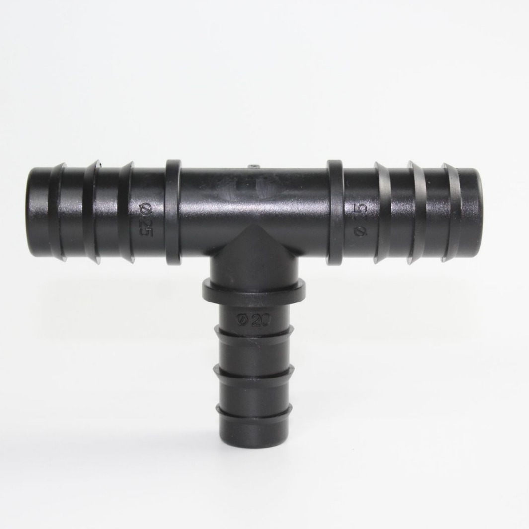 Nuevo material 25 PE tubo 20 PE tubo reducción de tres vías invernadero microrroyección goteo accesorios de riego 6 puntos 4 puntos