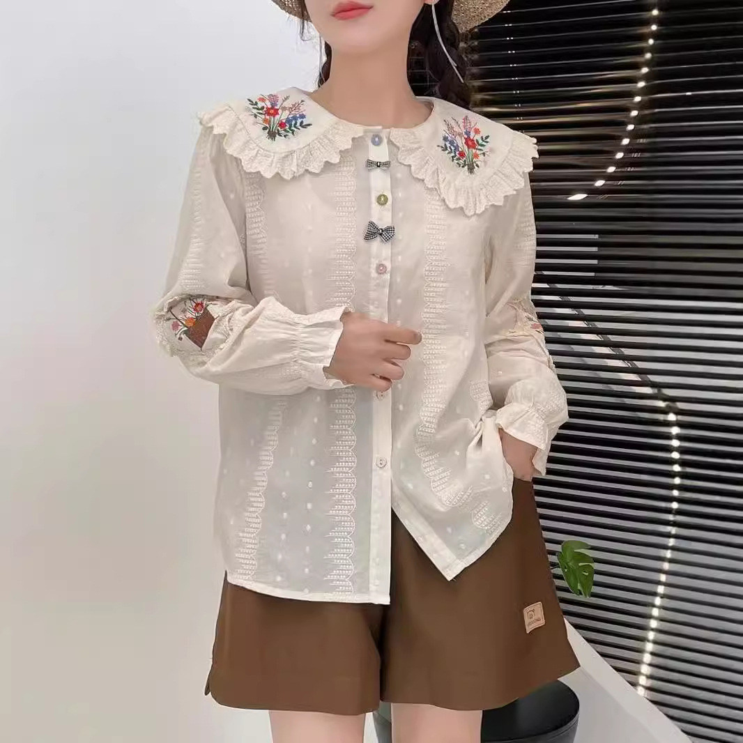 (2개) 2024 년 가을 새로운 여성 옷깃 일본면 및 리넨 셔츠 루즈 셔츠 올매치 자수 예술적 스타일 탑 모리