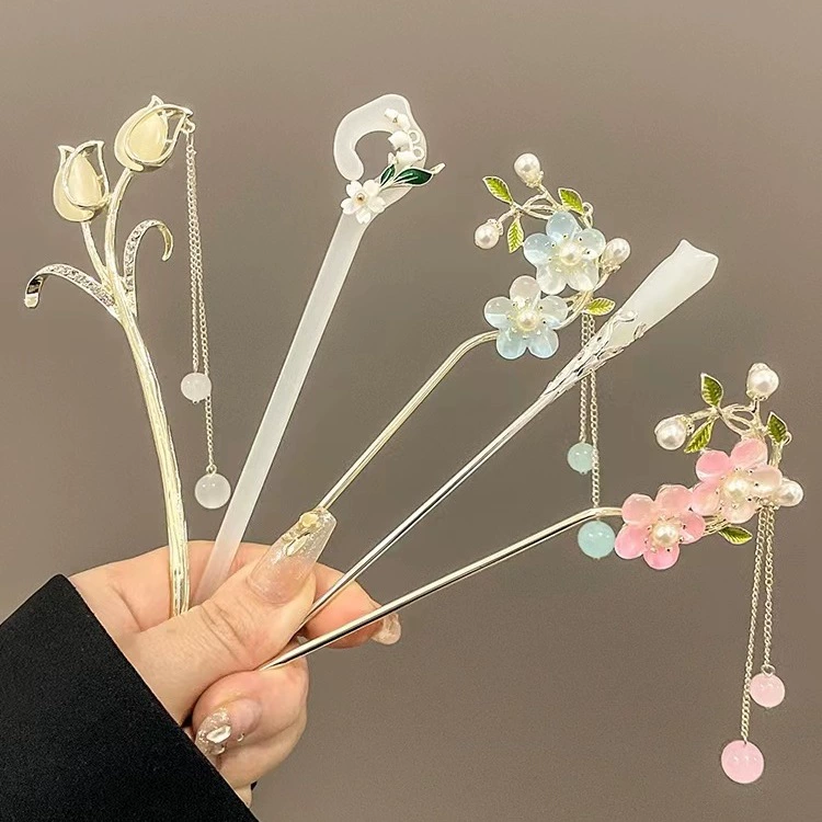 Китайская заколка HanfuHairgrip, цветы и кисточки, аксессуар для волос, 22 см, легкий