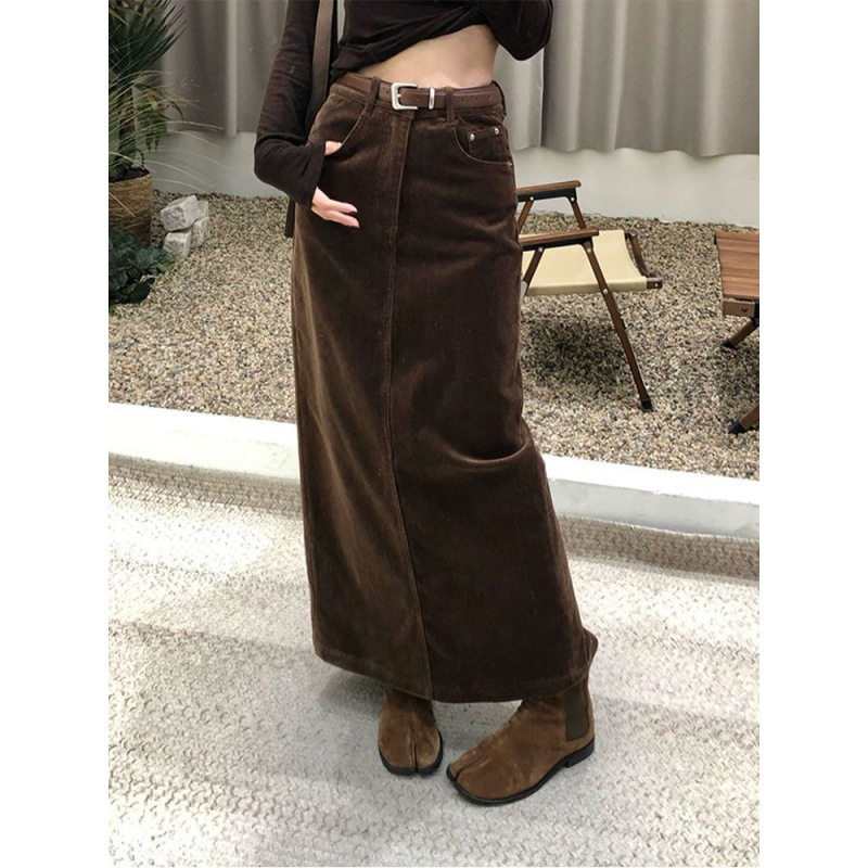 咖色灯芯绒半身裙女秋季新款大码高腰气质百搭休闲开叉直筒裙|undefined