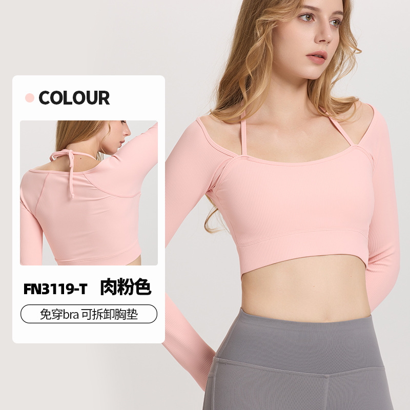 Otoño y invierno nuevo cuello de collar vestido de pecho de manga larga mujer hilo ombligo corto apertado alto elástico chaqueta de fitness