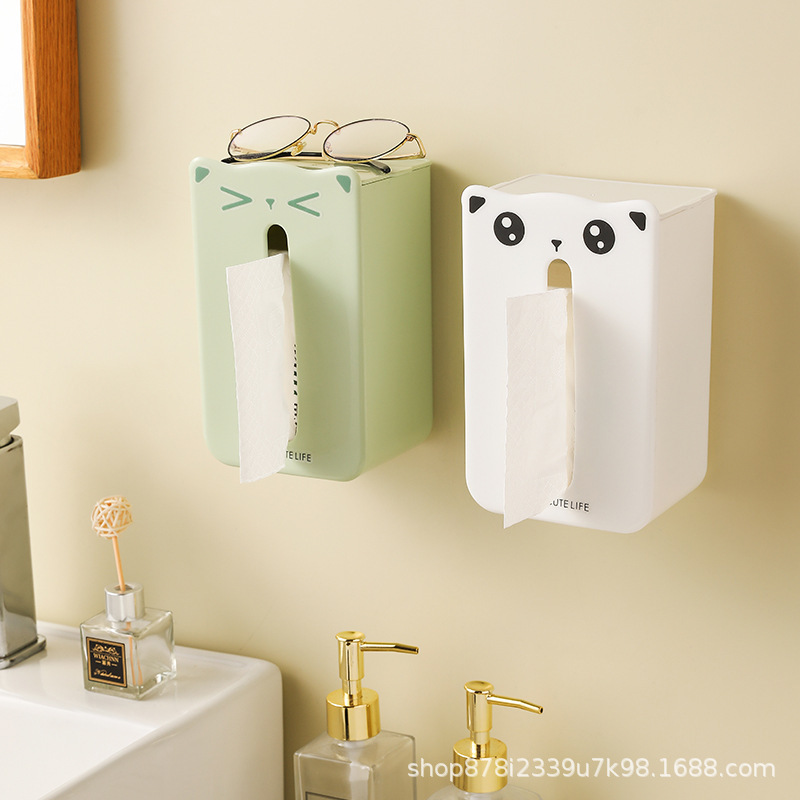 Wall-mounted tissue box punch-free bathroom wall-mounted storage rack tissue box toilet toilet tissue box cute kitten