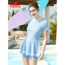 Yingfa 2024年专业运动连体泳衣女 平角裤短袖遮肚保守泡温泉