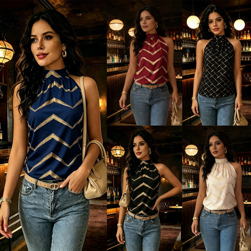 Exclusive cross-border supply: woven sequin wave pattern halter top, European and American style, elegant lady look, sleeveless women's tank top, in stock