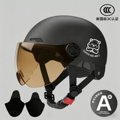 car four seasons universal safety helmet — Motosiklet kaskı (dəbilqə) - 02-black-brown-short-mirror-silver-bear-ear-protection