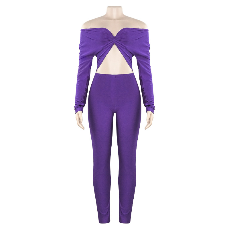 Autumn Solid Color V Neck Twist Hollow Out Cutout Cropped Sexy High Waist Long Sleeve Jumpsuit