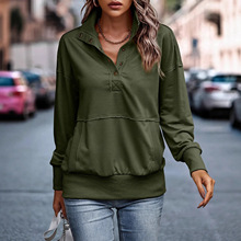 欧美亚马逊外贸跨境2023秋冬纯色口袋设计长袖纽扣时尚街头女卫衣