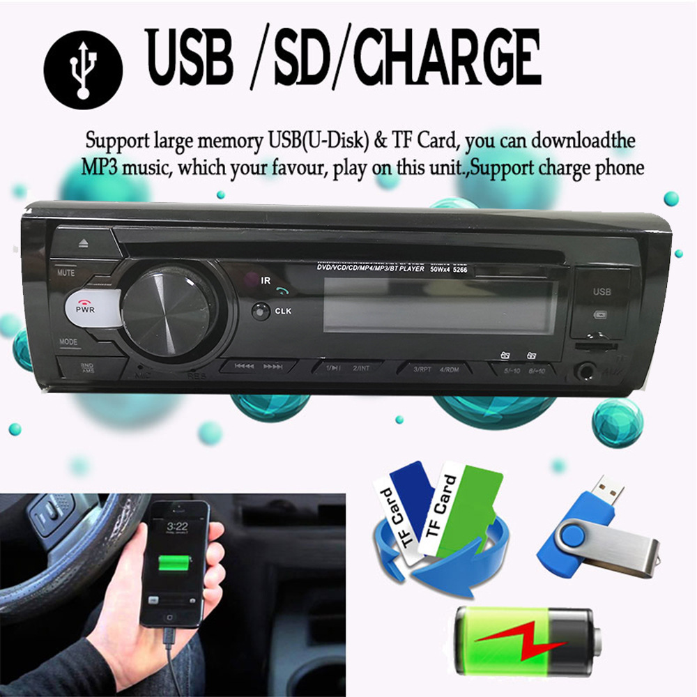 24V Single-DIN Car DVD/CD Player Bluetooth Hands-Free MP3 Stereo FM Radio 5266