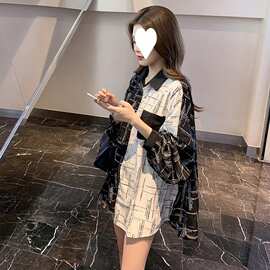 格子衬衫女夏季薄款设计感小众秋装上衣宽松百搭拼接大码长袖衬衣