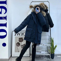 莆田高版本大标工装派克羽绒服NY连帽大毛领男女情侣中长款外套