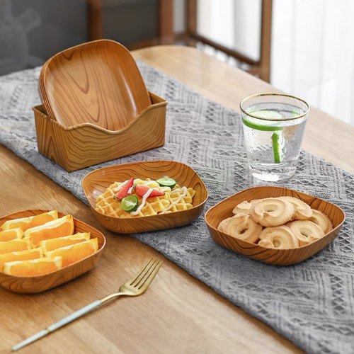 日式仿木纹吐骨碟塑料创意盘子家用方形水果盘零食下午茶点心托盘